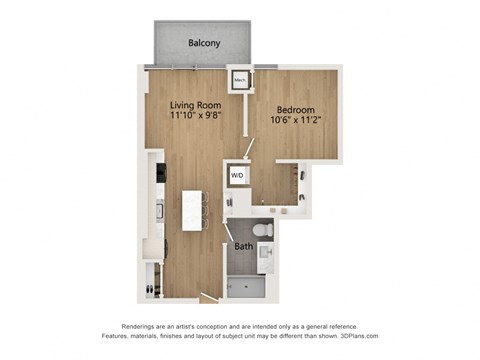 Floor plan for 1 bed, 1 bath, 631 sqft